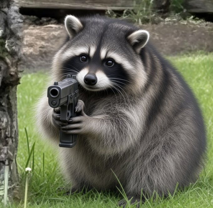 A chubby raccoon grips a pistol with both paws in a grassy outdoor setting, channeling a vigilante vibe. The image's tough, "armed raccoon" meme ties into the post's rallying cry for a comeback pump of the $jimothy animal-themed coin, with the raccoon standing in for the token's mascot ready to fight back against its haters.