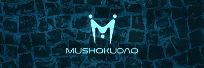 The image shows the MushokuDAO logo, featuring a stylized "M" emblem with a cat-like or horned design, set against a dark, textured cobblestone background, with "MUSHOKUDAO" written below. It serves as the branding banner for the private crypto community described in the post, reinforcing the "M" as a symbol of identity for the group.