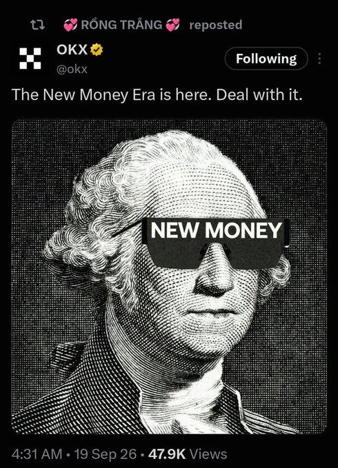 The image is a reposted tweet from OKX (@okx) featuring a stylized image of George Washington wearing "NEW MONEY" sunglasses, with the caption "The New Money Era is here. Deal with it." The post relates to the accompanying message about Africans embracing Pi cryptocurrency as a path to wealth, suggesting that while traditional "old money" represented by Washington is being challenged, digital currencies like Pi offer a new opportunity for financial empowerment and prosperity.