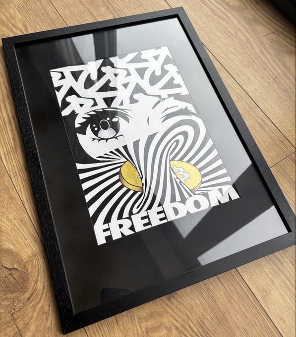 A framed black and white art print leaning against a wall on a wooden floor, featuring an anime-style eye, swirling patterns, and the text 'WANT FREEDOM' at the bottom.