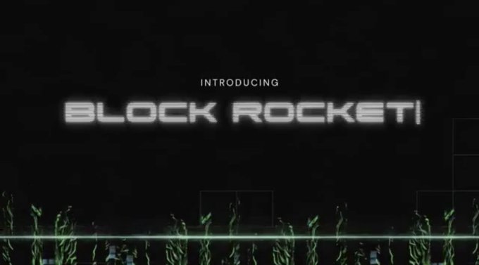 A dark digital promotional graphic with the text 'INTRODUCING BLOCK ROCKET!' in a glowing, futuristic font over a faint city skyline silhouette.