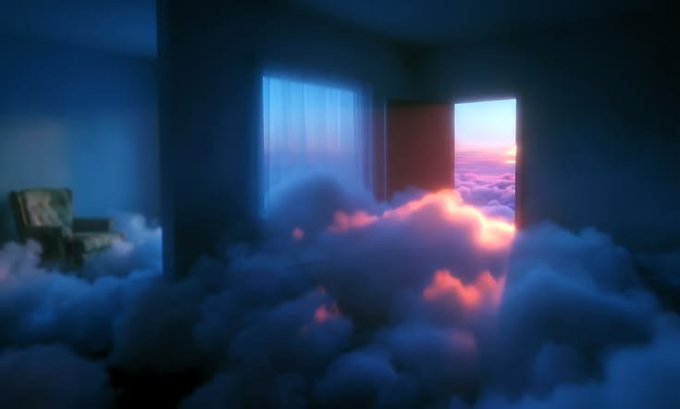 A serene, dreamlike digital illustration of a room filled with clouds, with an open door revealing a pink and orange sunset sky.
