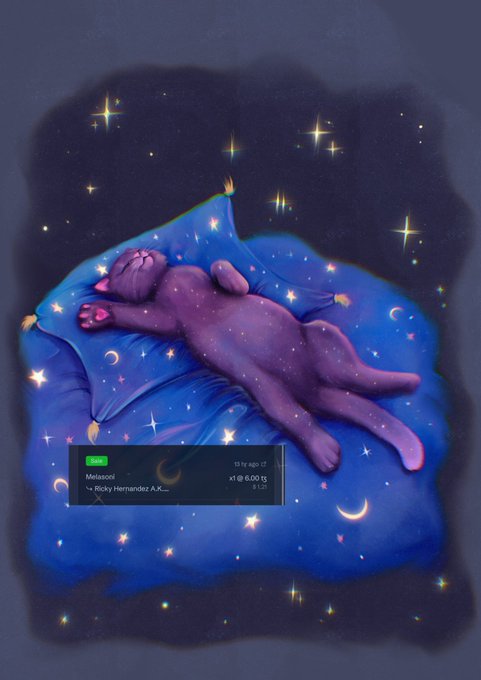 A purple cat stretches contentedly across a starry blue pillow adorned with moons and constellations, surrounded by glowing celestial sparkles. The image displays an Objkt marketplace listing for the NFT artwork "Metacos" by Ricky Hernandez A.R. at x1 of 6.00 tz, marking edition 4 of 10 now owned by @PrettyRickynft.