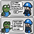 A two-panel meme featuring Pepe the Frog characters in a phone conversation, with text discussing calling the police on a trillby hat, culminating in one saying 'IT'S FINE.'