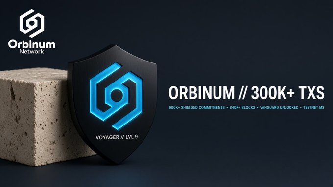 A graphic shows a shield with a blue logo on a rock, featuring the 'Orbinum Network' logo and text 'ORBINUM // 300K+ TXS' along with 'VOYAGER // LVL 9'.