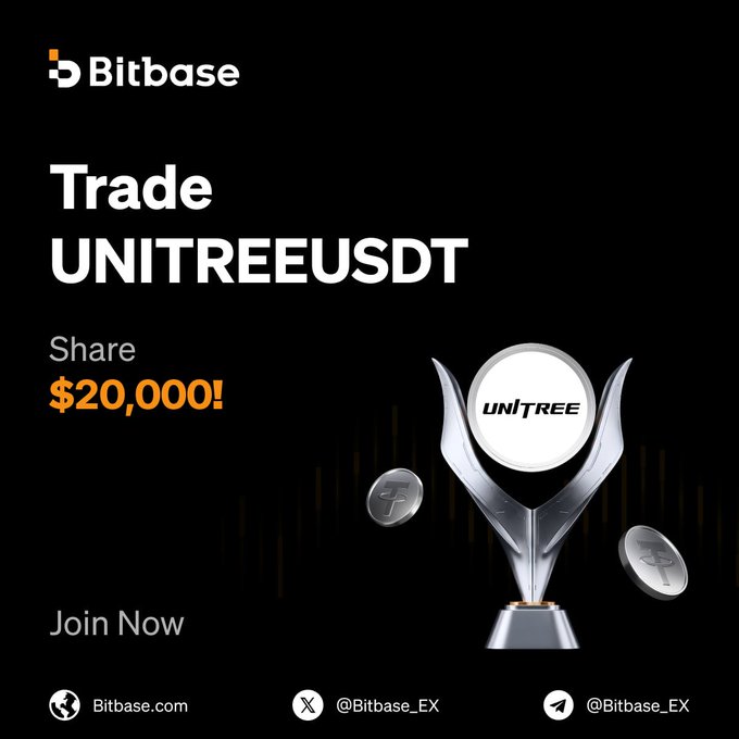 Bitbase exchange promotional banner for a Hot Coin Trading Contest featuring the UNITREEUSDT pair with a $20,000 prize pool, displayed alongside a silver trophy and "UNITREE" branded coins, directing users to trade at Bitbase.com.