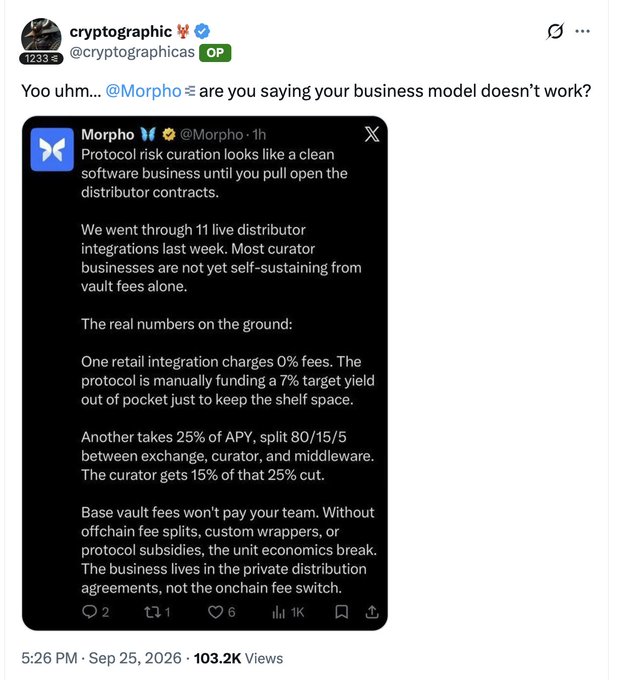 A screenshot of a post by user @cryptographica replying to @Morpho, asking 'are you saying your business model doesn't work?' in response to a thread about protocol risk curation economics.