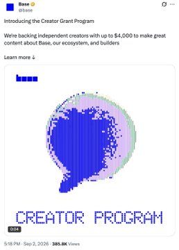 A screenshot of a social media post from Base announcing 'Introducing the Creator Grant Program,' offering up to $4,000 to support creators, accompanied by a pixelated blue speech bubble graphic reading 'CREATOR PROGRAM'.