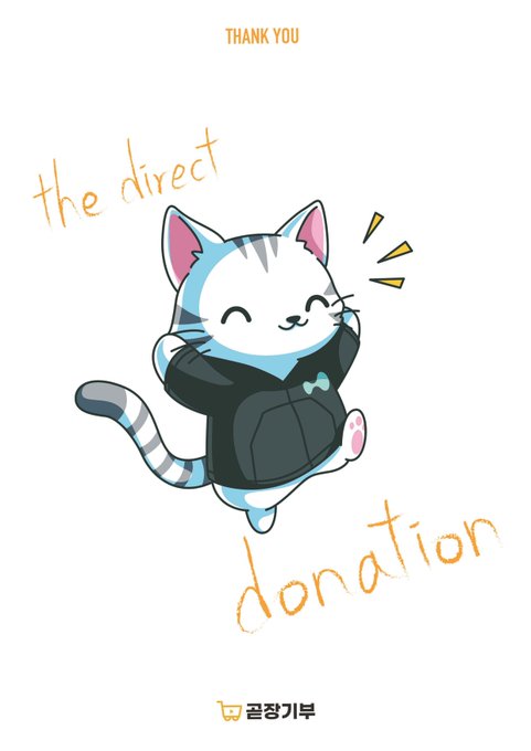 A cute cartoon cat in a black hoodie celebrates a donation with the text 'THANK YOU', 'the direct donation', and the CoinGecko logo (코인기부) visible.