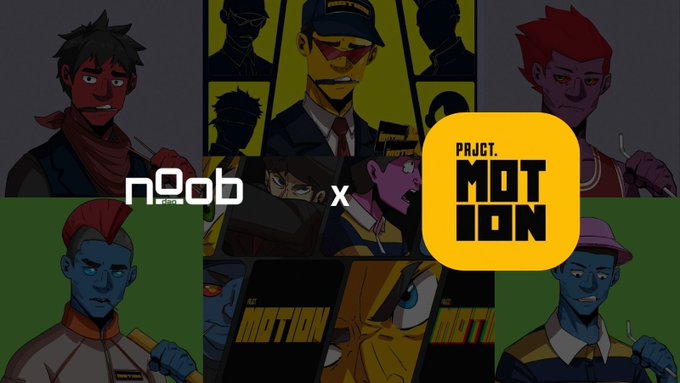 Promotional graphic for a collaboration between 'n0ob' and 'Project Motion,' displaying various cartoon-style character portraits arranged around the central logos.