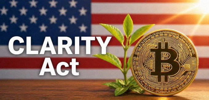 An image with an American flag backdrop, a Bitcoin coin, and a green plant features the text "CLARITY Act".