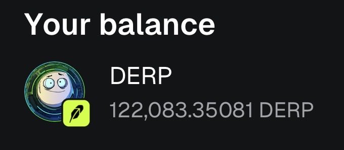 A digital balance screen displaying 'Your balance' with a cartoon face icon next to the amount '122,083.35081 DERP'.