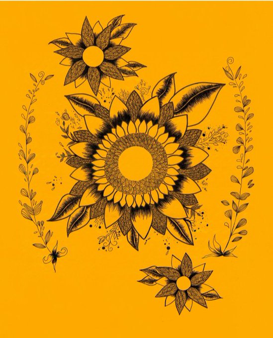 A detailed black ink drawing of sunflowers and decorative vines on a bright yellow background.