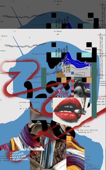 A chaotic mixed-media digital collage features glitch effects, red graffiti, lips with a finger, and scattered text fragments including 'LIQUIDITY LANGUAGE WHALES ARE THE GRAMMAR.'