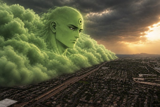 A digital artwork showing a giant green face of a deity emerging from green clouds over a sprawling city landscape at sunset.