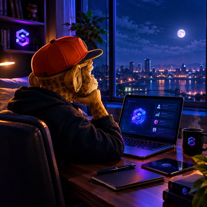 A digital artwork of a giraffe wearing a red cap and headphones, sitting at a desk using a laptop displaying a 3D logo, with a nighttime city skyline visible through the window.