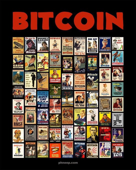 Collage poster titled 'BITCOIN' featuring dozens of vintage-style Bitcoin propaganda and parody memes on a black background.