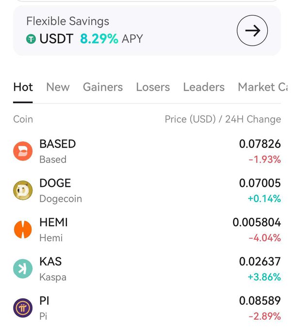 A cryptocurrency app screenshot showing a 'Flexible Savings' offer of 8.29% APY on USDT and a 'Hot' tab listing meme coins including BASED, DOGE, HEMI, KAS, and PI with their prices and 24-hour changes.
