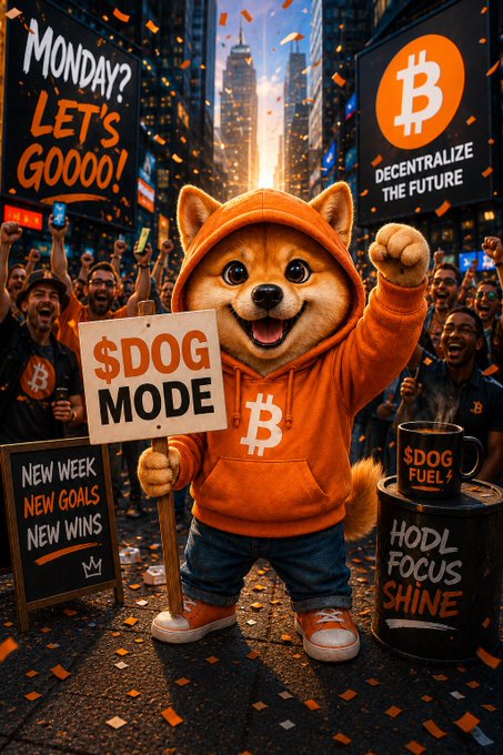 An AI-generated image of a Shiba Inu dog in an orange Bitcoin hoodie holding a '$DOG MODE' sign at a crypto rally, surrounded by signs reading 'MONDAY? LET'S GOOOO!', 'DECENTRALIZE THE FUTURE', 'NEW WEEK NEW GOALS NEW WINS', and '$DOG FUEL'.