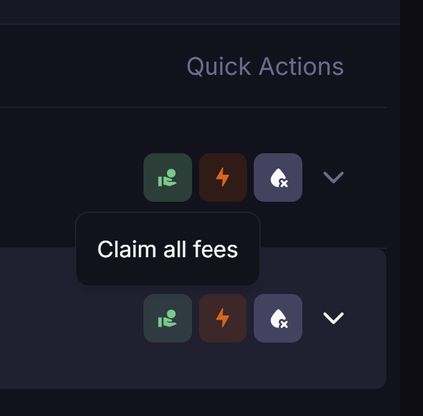 A user interface section titled "Quick Actions" displaying three action icons with a dropdown tooltip reading "Claim all fees," corresponding to the post's advice to immediately collect Meteora earnings.
