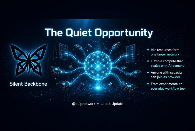 A dark blue promotional graphic titled 'The Quiet Opportunity' for 'Silent Backbone' (@quipnetwork), illustrating a glowing central sphere connected to servers and laptops, with bullet points about idle resources forming a 'one larger network'.