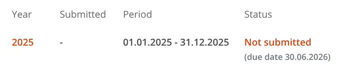 A screenshot showing an annual report submission status table for the year 2025, displaying "Not submitted" status with the due date of 30.06.2026, supporting the post's criticism of Marek's missing 2025 annual report which was due by mid-2026.