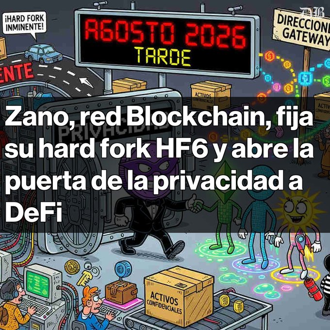 The image is a cartoon-style illustration showing a vault labeled "PRIVACY" with a digital countdown reading "AGOSTO 2026 TARDE" (August 2026 Late), a sign reading "HARD FORK INMINENTE!" (Hard Fork Imminent!), and "DIRECCIÓN GATEWAY" (Gateway Direction), along with characters in costumes, boxes labeled "ACTIVOS CONFIDENCIALES" (Confidential Assets), and a "PRIVATE DEFI" backdrop. It visually represents Zano's upcoming HF6 hard fork between August 25-27, 2026, emphasizing the network's focus on enabling privacy-preserving DeFi through gateway addresses that allow confidential asset integration with exchanges and DEXs.