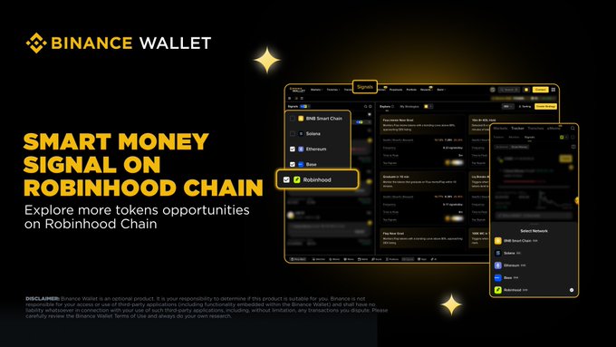 A Binance Wallet promotional graphic announcing that Smart Money Signals are now live on Robinhood Chain, featuring screenshots of the platform's interface showing token tracking across BSC Smart Chain, Solana, Ethereum, Base, and the newly added Robinhood chain, alongside the headline "SMART MONEY SIGNAL ON ROBINHOOD CHAIN – Explore more tokens opportunities on Robinhood Chain."