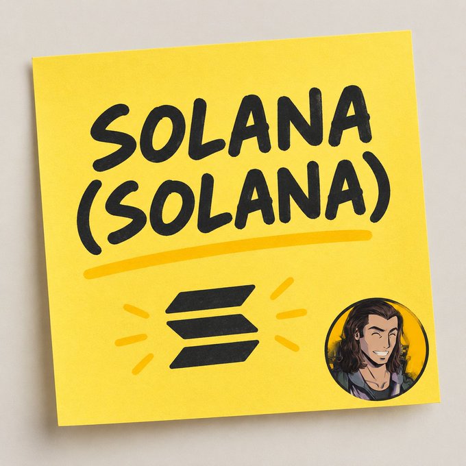 A yellow graphic with bold black text reading 'SOLANA (SOLANA)' above the Solana symbol and a portrait of a character with long brown hair in the corner.