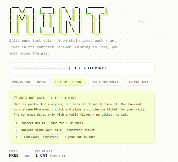 A webpage for an NFT minting project called "MINT" with glitch-style text, advertising 3,333 pure-text cats with features like "PUBLIC MINT - NO WL", "1 IP = 1 MINT", "MAX 1 PER WALLET", and free minting with gas fees only.
