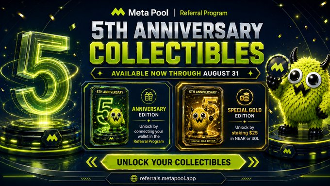 A promotional banner for 'Meta Pool Referral Program' celebrating a '5TH ANNIVERSARY COLLECTIBLES' event 'AVAILABLE NOW THROUGH AUGUST 31.' It features two collectible NFTs (ANNIVERSARY EDITION and SPECIAL GOLD EDITION) and a green fuzzy monster mascot, with a URL 'referrals.metapool.app'.