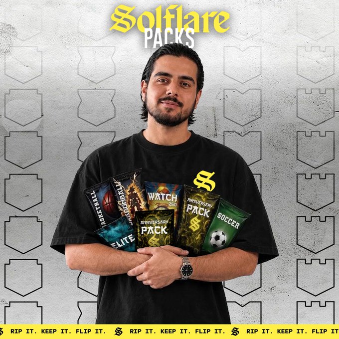 An advertisement for 'Solflare Packs' featuring a man holding various packs including Basketball, Legendary, Watch, Anniversary, Pack, and Soccer, with the tagline 'RIP IT. KEEP IT. FLIP IT.'