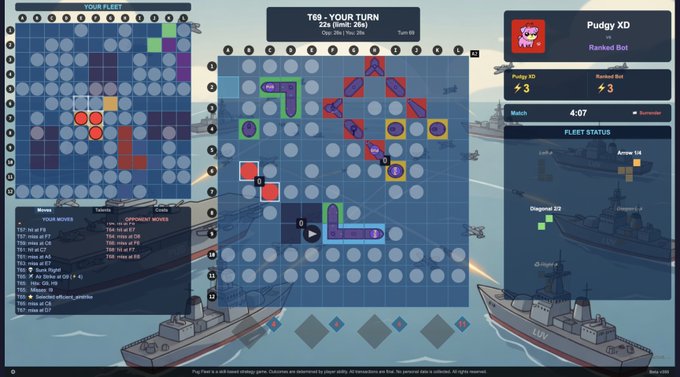 Screenshot of a multiplayer naval strategy game in progress, showing a turn-based grid battle between player T69 and opponent Pudy XD, with ship graphics and fleet status panels.