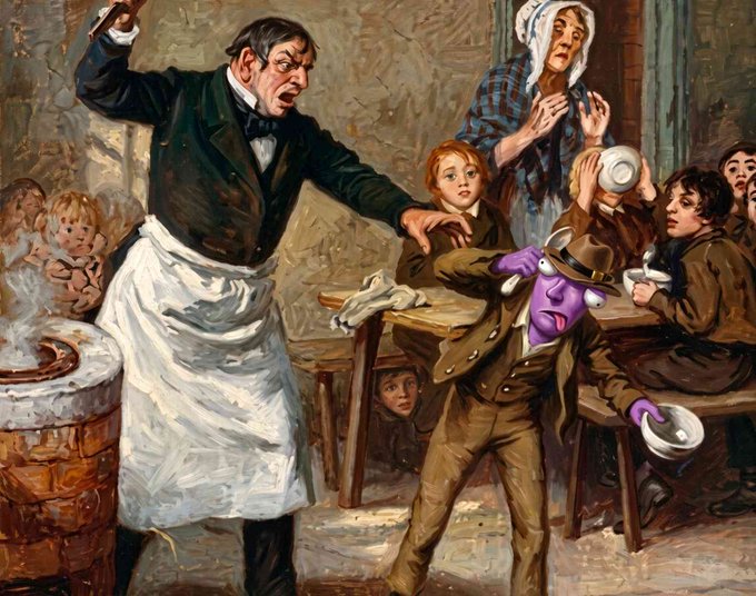 A classical painting showing an angry man in an apron yelling at a child in a brown coat, with other onlookers reacting in shock in the background.