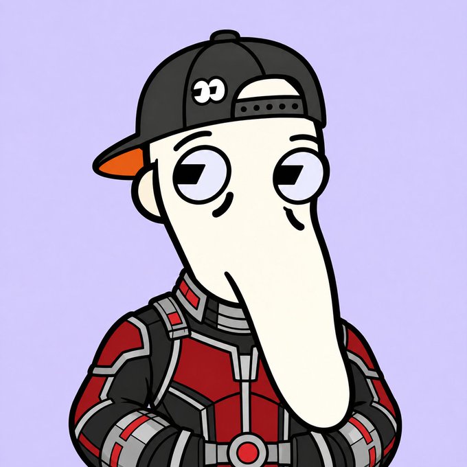 A cartoon illustration of a character with an elongated face wearing a black cap with an orange bill and a red and black suit against a purple background.