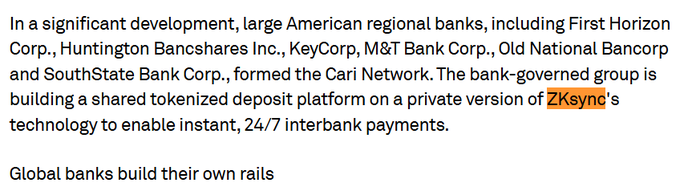 The image features an electronic signature, with a white background and a black border at the top. At the bottom of this image is a white text block containing information about Bitcoin trading platforms called @zksync. This platform allows users to tokenize deposits for 24/7 payment processing, as indicated by the S&P Global description. The presence of these details supports that @zksync was developed in a significant manner and has potential uses for global banks and cryptocurrency enthusiasts alike.