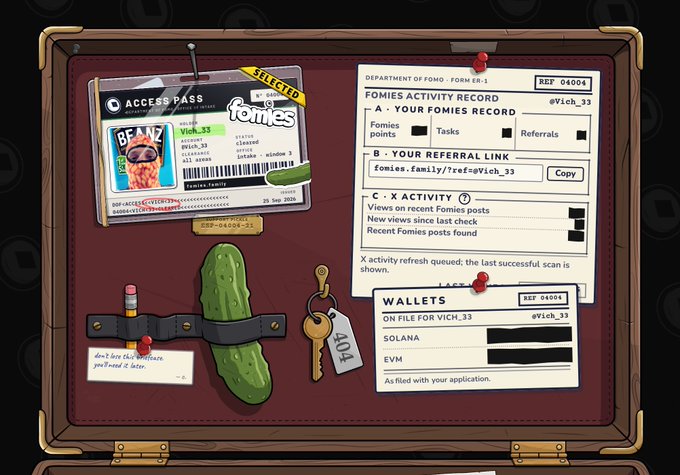 A stylized digital illustration of a briefcase interior containing documents like an "ACCESS PASS" labeled "Vich_33," a "FOMIES ACTIVITY RECORD," a key tagged "404," a pickle, and various stickers.
