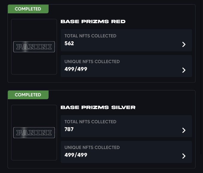 The image displays two completed Panini NFT set collections—"Base Prizms Red" (562 total, 499/499 unique) and "Base Prizms Silver" (787 total, 499/499 unique)—showcasing the user's achievement in set collecting on the Panini Blockchain. The 499 unique NFT count directly corresponds to the user's mention of the 499-player checklist, illustrating that despite initial doubts about reach, they successfully completed the full Base Silver set.