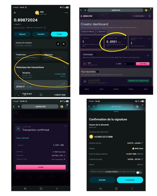 Four smartphone screenshots showing the process of claiming 0.8901 BNB ($666) from the genius.fun creator dashboard on BNB Chain, including wallet balance display, claimable balance overview, transaction confirmation showing "Fees claimed," and signature verification for the source code of demand. The images illustrate the step-by-step tutorial referenced in the post about cashing out the "magic money" earned.
