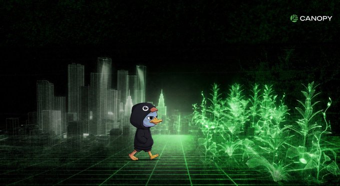 Canopy promotional graphic featuring a cartoon duck in a black hoodie walking through a dark cityscape toward a field of glowing green plants on a grid floor.