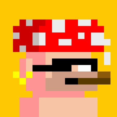 Pixel art style image of a pink character with a red and white mushroom cap, wearing black sunglasses and a gold earring against a yellow background.