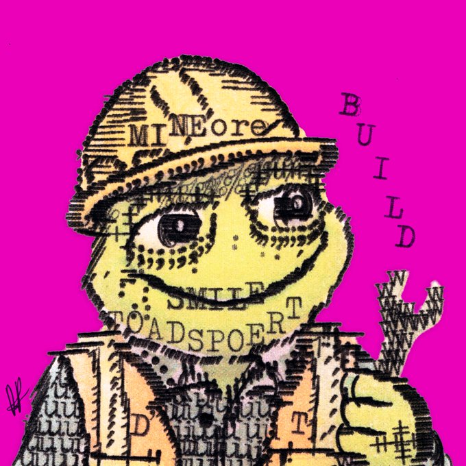 An artistic illustration of a frog character wearing a hard hat with the word 'MINEore' on it, set against a bright pink background with scattered text including 'BUILD' and 'TOADSPORT'.