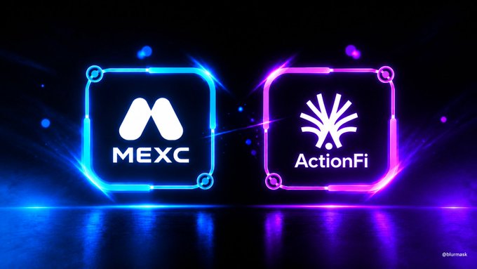 Two glowing neon logos display 'MEXC' in a blue frame and 'ActionFi' in a pink frame against a dark background.