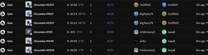The image displays a series of NFT sales on what appears to be a marketplace listing, showing transactions of Gloomies NFT collectibles (numbered #2337, #1507, #732, #1445, and #2556) priced between 0.0115 ETH and 0.0248 ETH, sold to buyers like 0x29IA2, BigTasty78, and teep8 within the last 3-8 minutes. The rapid succession of low-priced sales illustrates the "patience" concept from the post, suggesting these are quick flips or distressed sales occurring while waiting for the Gloomies project to generate "tangible value"—likely foreshadowing a future price increase for those who hold rather than sell at these low levels.