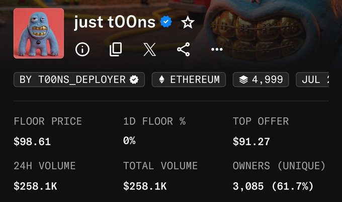 An NFT collection page for 'just t00ns' on the Ethereum blockchain, showing a floor price of $98.61, 24H volume of $258.1K, and 3,085 unique owners, deployed by 'T00NS_DEPLOYER'.