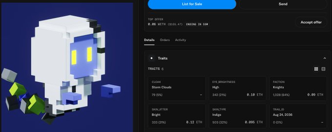 A screenshot from an NFT marketplace showing a 3D voxel-style character with white hair, blue skin, and yellow eyes holding a weapon, listed for sale with traits including Cloak (Storm Clouds), Skin Jitter (Bright), Skin Type (Indigo), Eye Brightness (High), Faction (Knightz), and Trait ID Aug 24 2036, priced at 0.12 ETH (~$316.47).