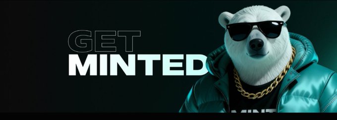 A promotional banner featuring an anthropomorphic polar bear wearing sunglasses, a gold chain, and a teal puffer jacket next to the text "GET MINTED".