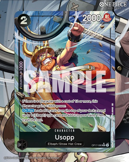 This is a sample card from the One Piece Card Game's OP17 "The World's Strongest Warriors" set, featuring an alternate art illustration of Usopp with a cost of 2, 2000 power, and a counter value of +1000. The card's text grants +3000 power if there's a character with a cost of 12 or more, and its "On Play" effect lets the player look at 3 cards from the top of their deck to reveal and add an Elbaph-type card to their hand before trashing the rest.