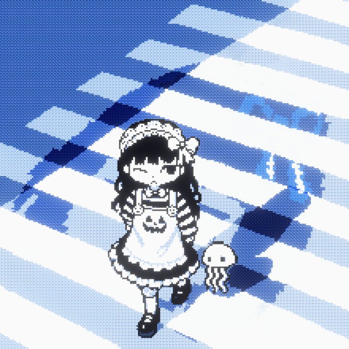 Pixel art style illustration of a dark-haired anime-style girl in a maid outfit standing on a blue and white checkered floor next to a small jellyfish creature.
