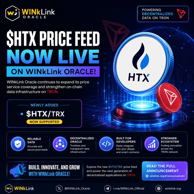 The image shows a poster for a whitepaper that says "Winlink ORACLE EXPANDS ITS DATABASE— $HTX PRICE FEED IS NOW LIVE! Reliable data is the backbone of every thriving blockchain ecosystem." The poster also states that the price feed will now be available to interested parties, as new features and improvements are added. The text on the poster mentions that it has been sponsored by "WHINLINK ORACLE", providing a clear connection to the whitepaper's source.